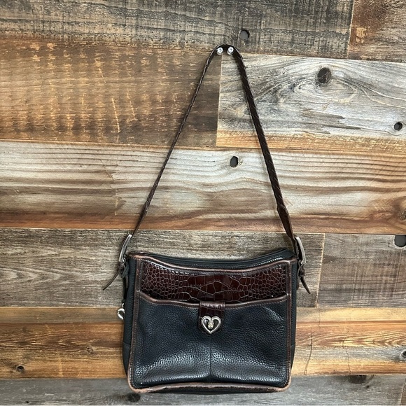 Vintage Brighton Pebble Grain Leather Black w/Brown Alligator Embossed Purse - Picture 2 of 16